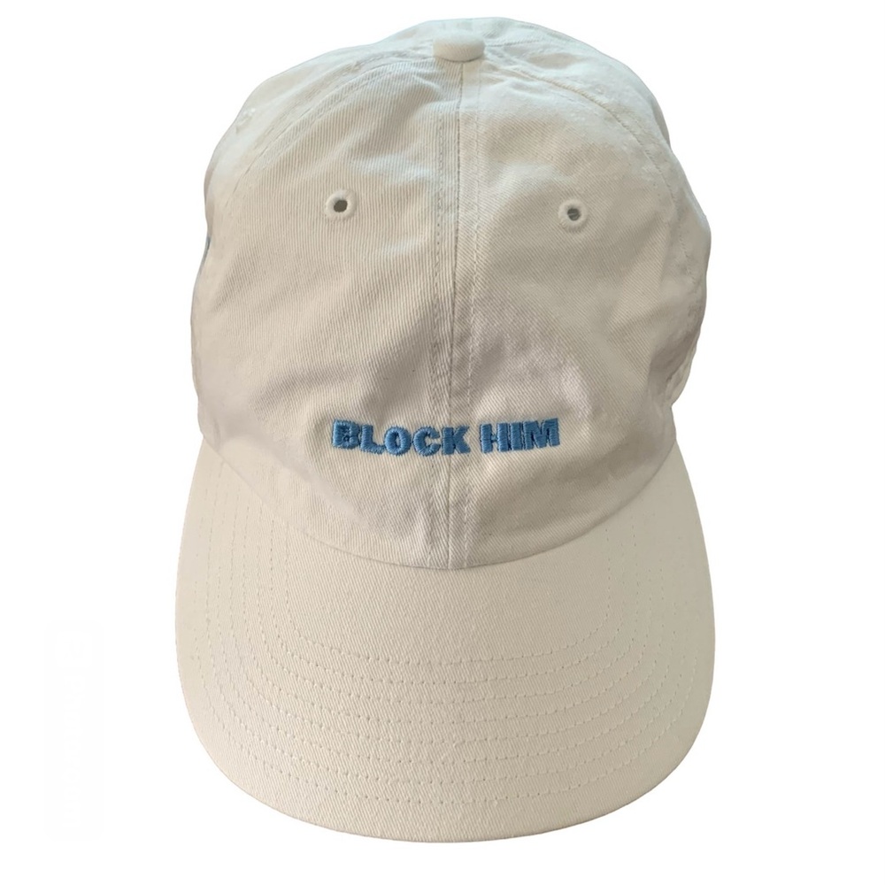 47 White Baseball Cap with Blue "BLOCK HIM" Embroidery